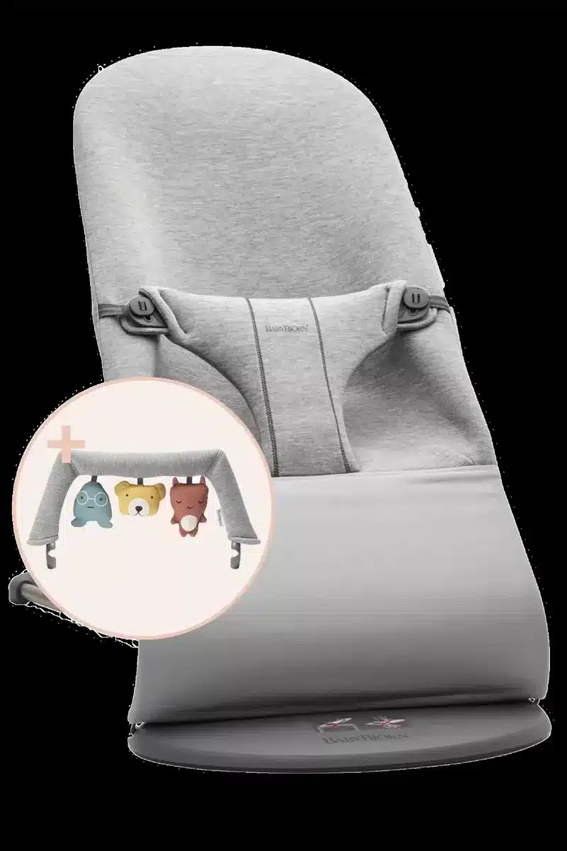 BabyBjörn - Wipstoeltje Bliss - 3D Jersey Lichtgrijs & Speelboog Knuffelvriendjes