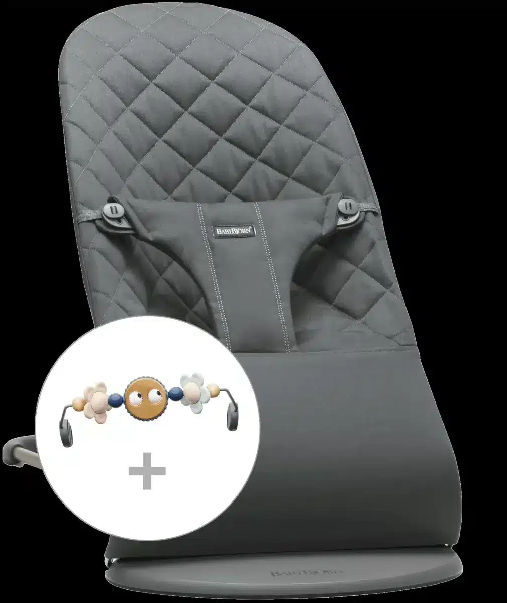 BabyBjörn - Wipstoeltje Bliss - Geweven klassiek quilt Antraciet & Speelboog Ondeugende oogjes