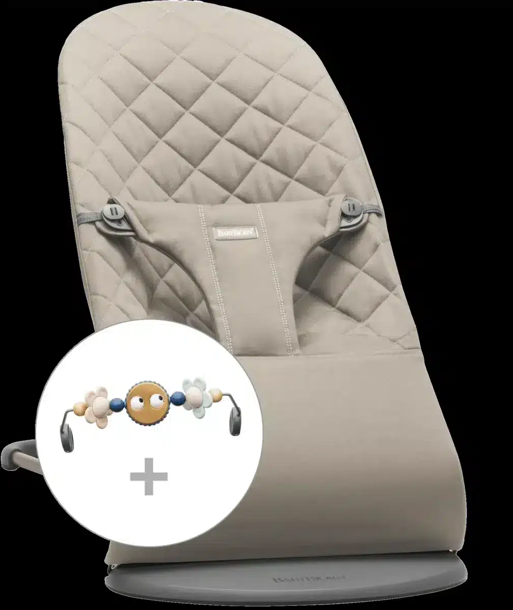 BabyBjörn - Wipstoeltje Bliss - Geweven klassiek quilt Zandgrijs & Speelboog Ondeugende oogjes