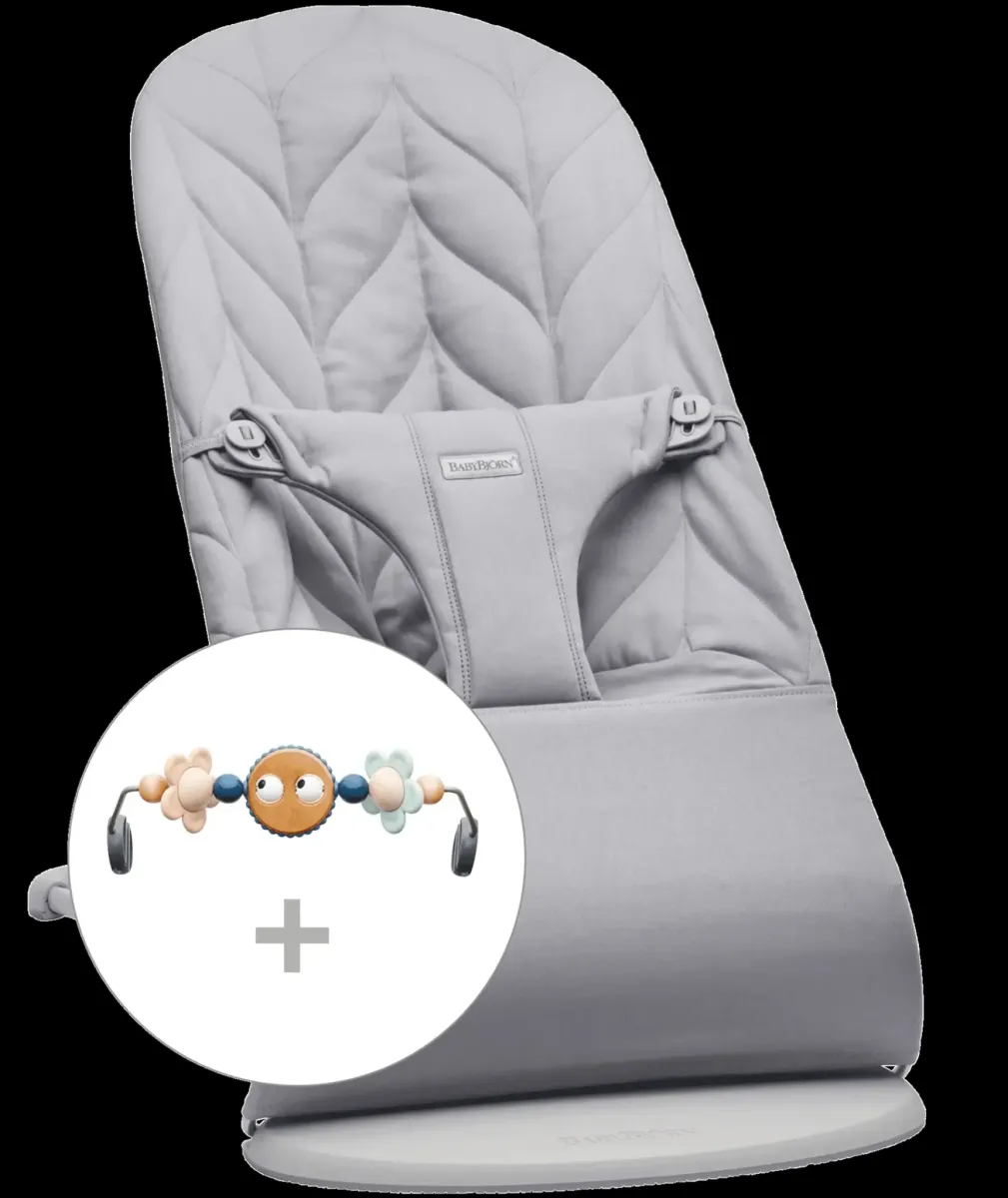 BabyBjörn - Wipstoeltje Bliss - Geweven kroonblad quilt Lichtgrijs incl Speelgoed Ondeugende oogjes Pastel