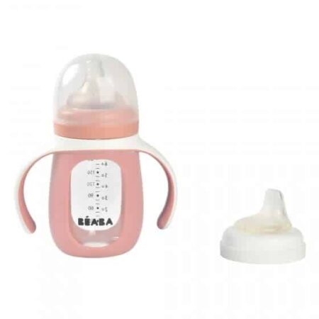 Beaba - 2-in-1 glazen meegroeifles 210ml + siliconen hoes oudroze