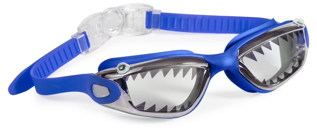 Bling2o - ZWEMBRIL: JAWSOME - Royal Reef Shark, blauw, siliconen, aanpasbare hoofdband, 100% UV bescherming, anti-condens, in doorzichtige bewaardoos, 6+