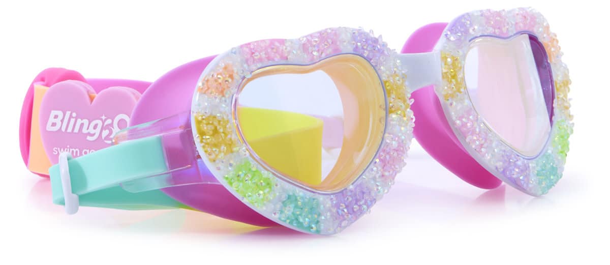 Bling2o - ZWEMBRIL: SWEET HEARTS - I Love Candy, meerkleurig, siliconen, aanpasbare hoofdband, 100% UV bescherming, anti-condens, in doorzichtige bewaardoos, 6+