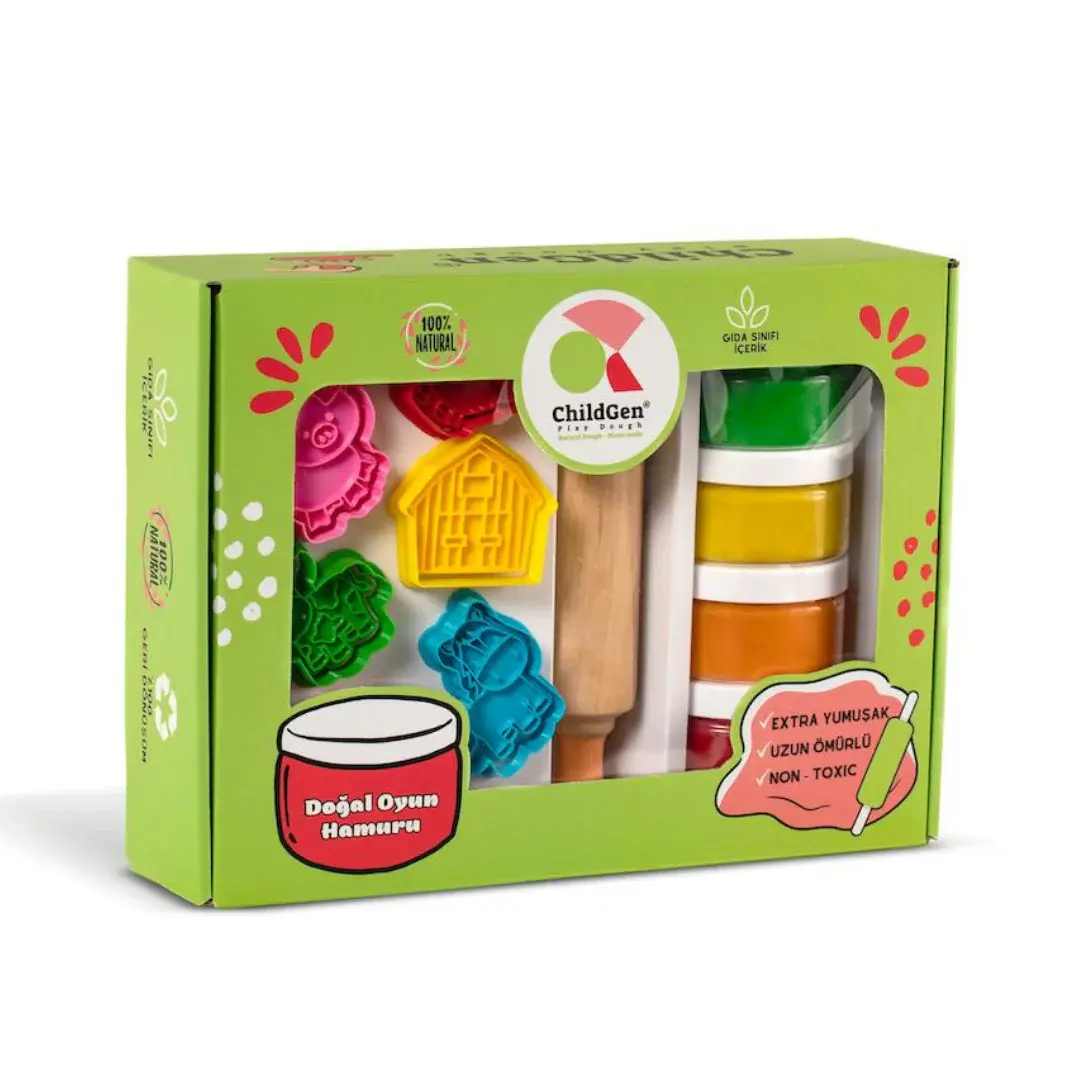 Childgen - Play Dough Premium Set - Farm * 4 Pcs Play Dough *1 Pcs Wooden Roller *12 Pcs Premium Stamp And Cutter - Multicolor