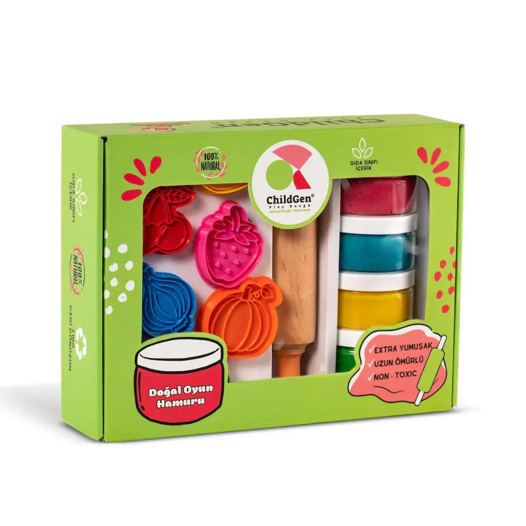 Childgen - Play Dough Premium Set - Fruits And Vegetables * 4 Pcs Play Dough *1 Pcs Wooden Roller *12 Pcs Premium Stamp And Cutter - Multicolor