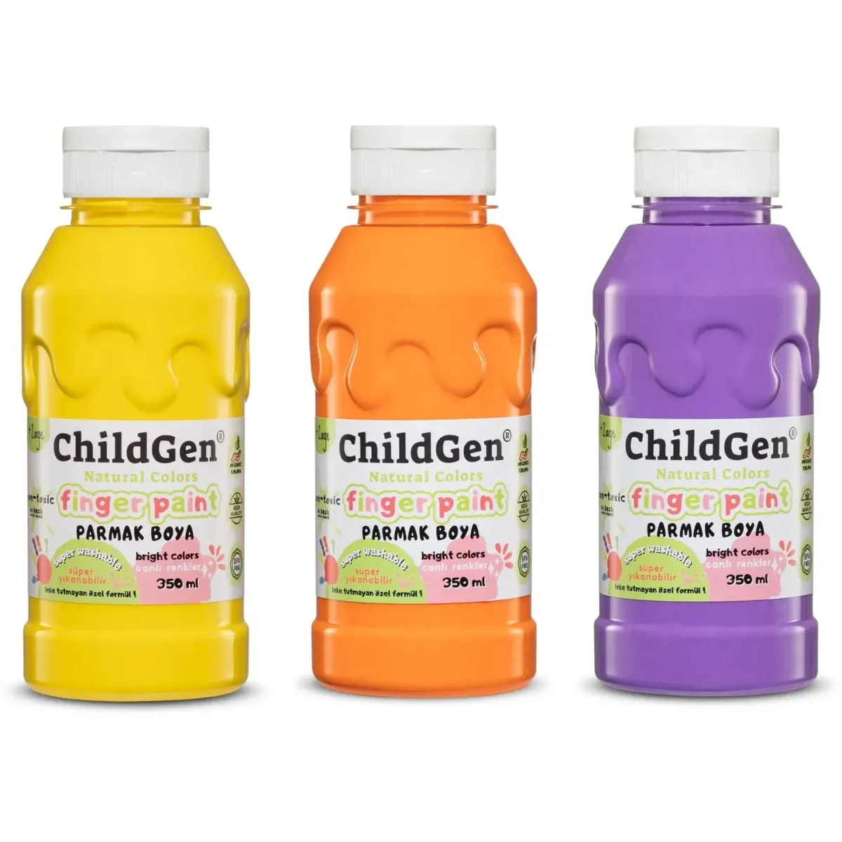 Childgen - Super Washable Finger Paint 350X3 Ml Bottles Yellow - Orange - Purple