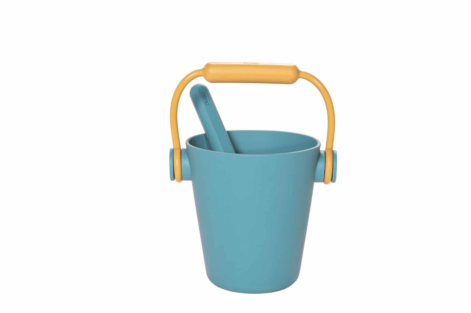 Dëna - Strandset: EMMER/GIETER met SPADE en ZANDSTEMPEL - blauw, in silicone, 18m+