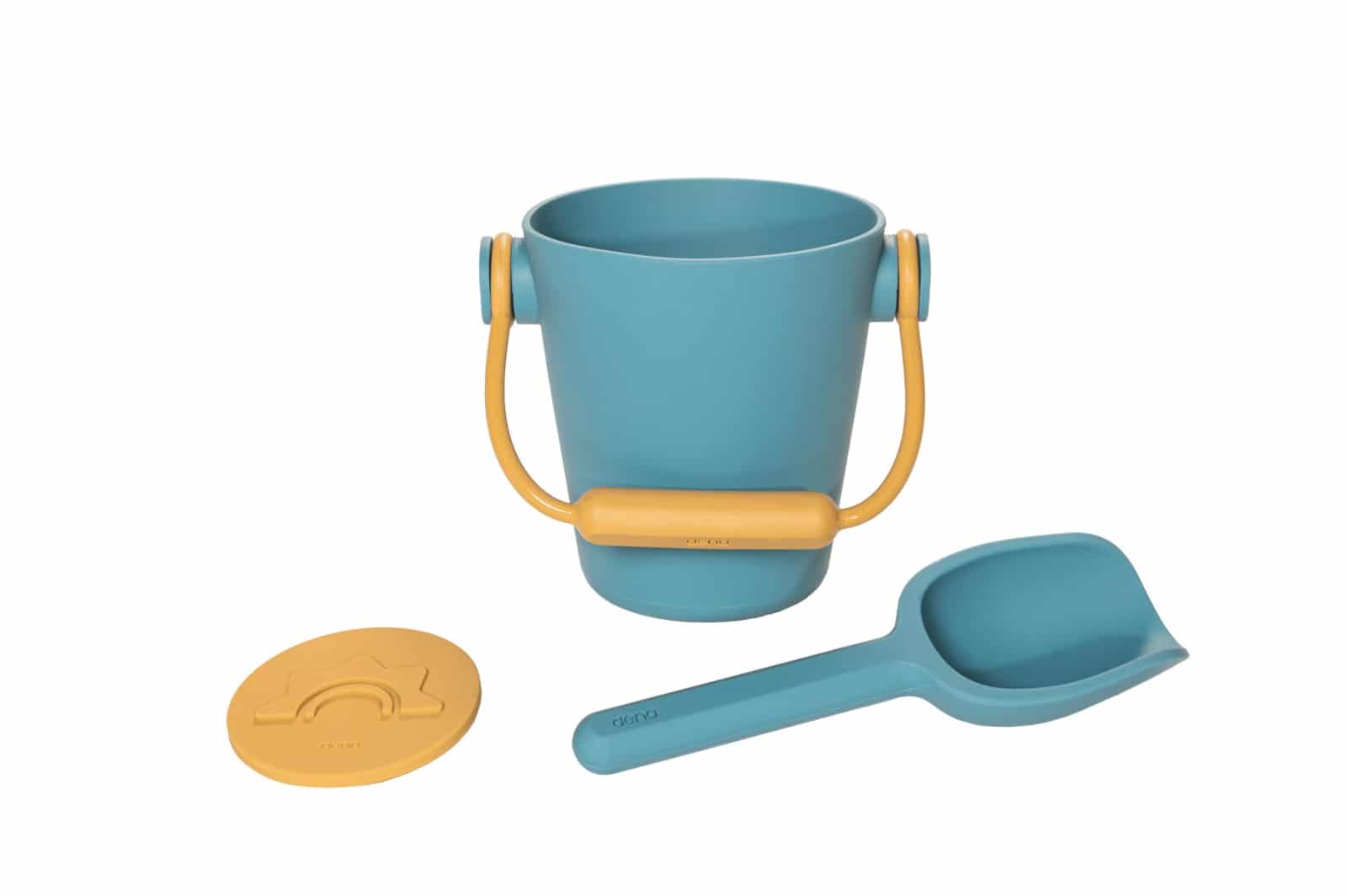 Dëna - Strandset: EMMER/GIETER met SPADE en ZANDSTEMPEL - blauw, in silicone, 18m+