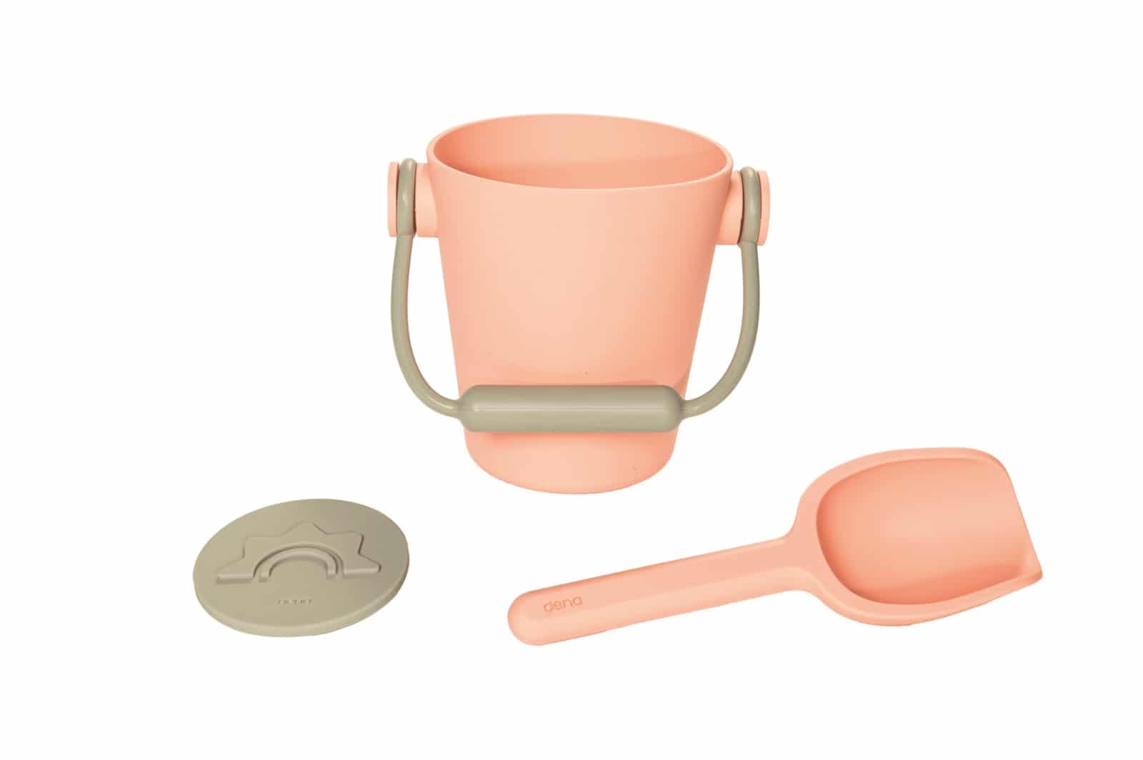 Dëna - Strandset: EMMER/GIETER met SPADE en ZANDSTEMPEL - roze, in silicone, 18m+