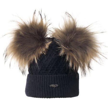 First - Frill Knitted Bonnet 2 Fur Ponpon - Navy