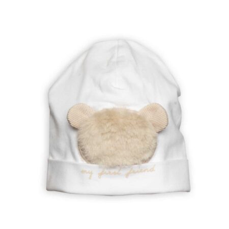 First - bonnet teddy bear fur- white-beige