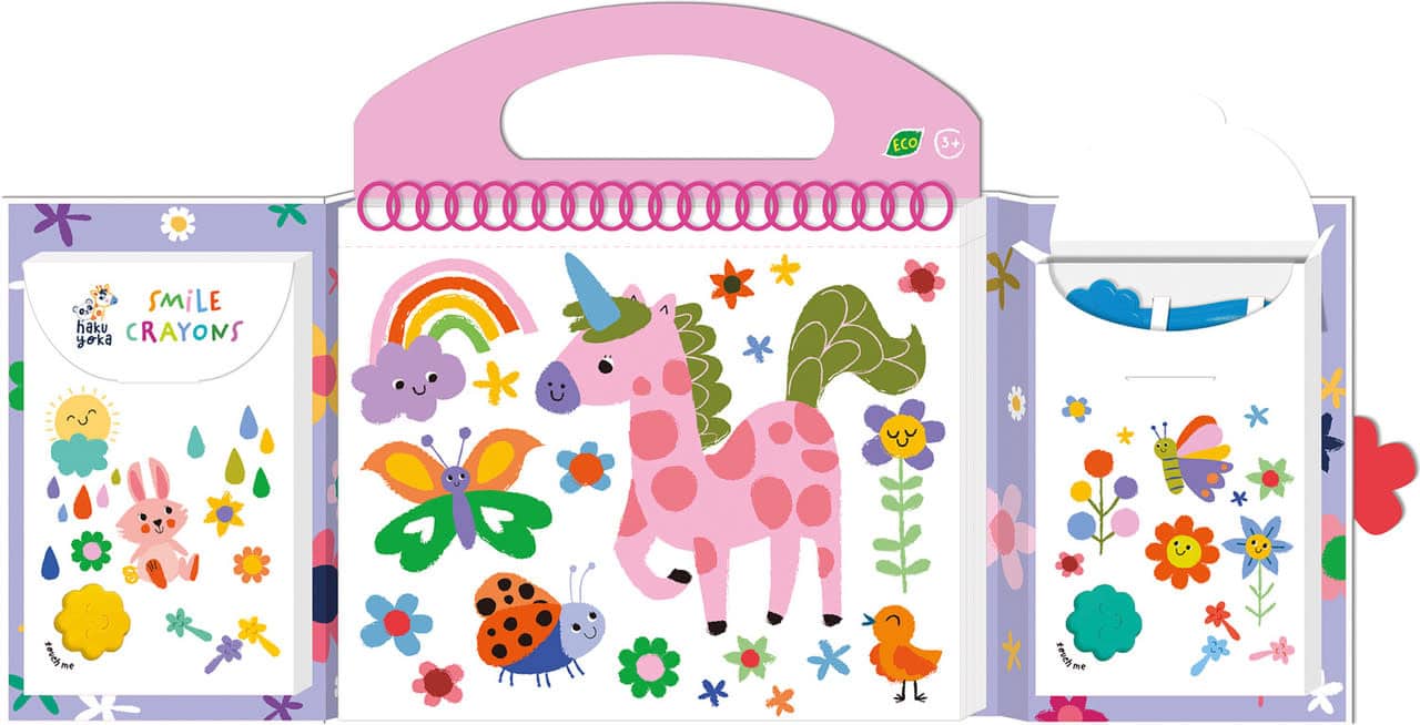 Haku Yoka - MIJN EERSTE KLEURKIT / EENHOORNVRIENDEN 20,5x24x2cm, bevat 6 waskrijtjes met lachend gezichtje, 35 kleurvellen en afneembare stickers, bevat 10% bijenwas, 3+