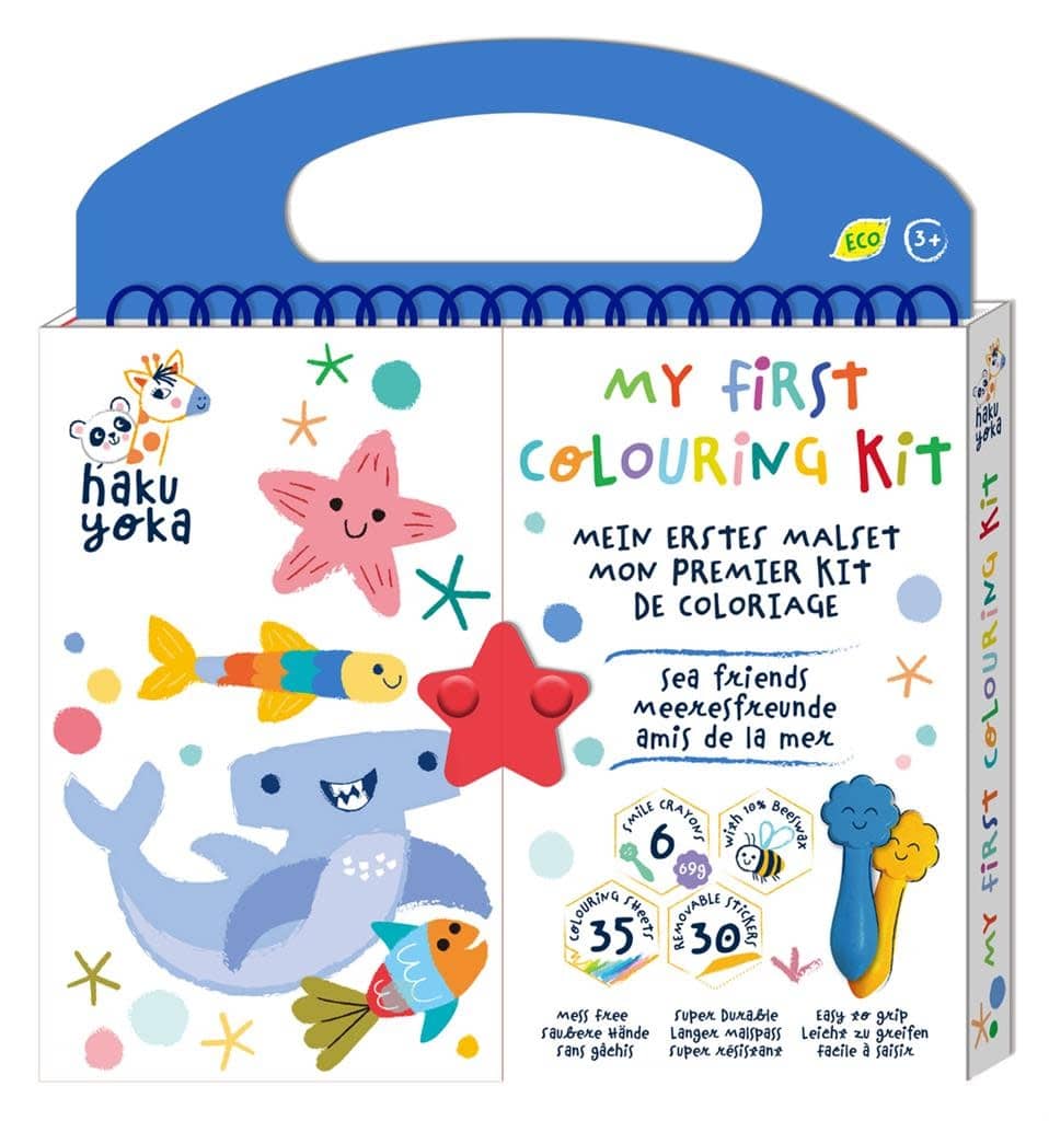 Haku Yoka - MIJN EERSTE KLEURKIT / ZEEDIERVRIENDEN 20,5x24x2cm, bevat 6 waskrijtjes met lachend gezichtje, 35 kleurvellen en afneembare stickers, bevat 10% bijenwas, 3+