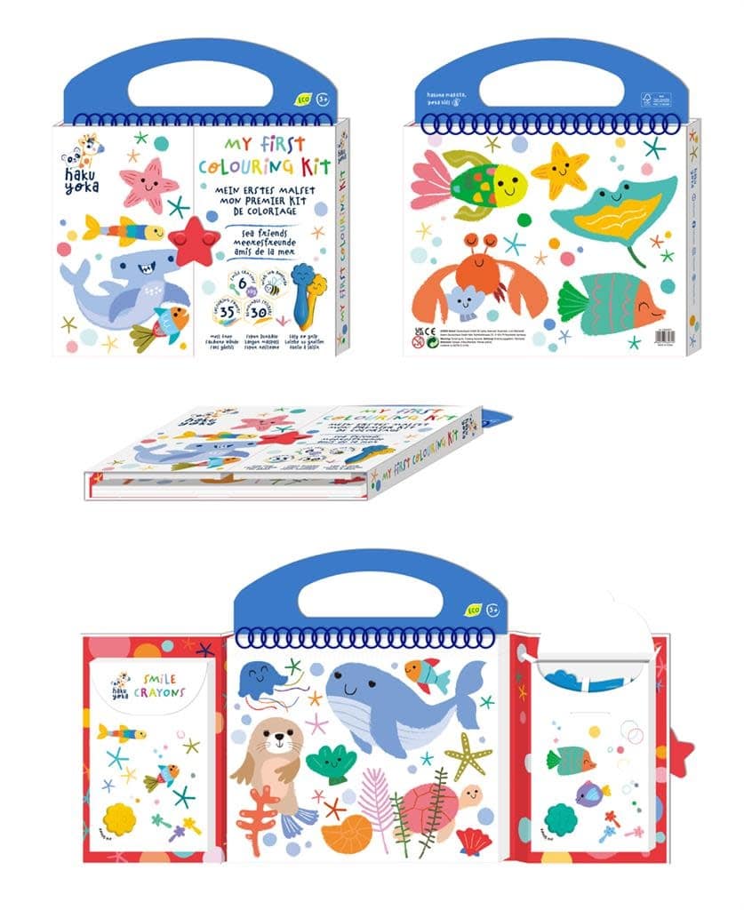 Haku Yoka - MIJN EERSTE KLEURKIT / ZEEDIERVRIENDEN 20,5x24x2cm, bevat 6 waskrijtjes met lachend gezichtje, 35 kleurvellen en afneembare stickers, bevat 10% bijenwas, 3+