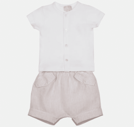 Lalalu - T-Shirt Met Knoopjes + Short In Linnen - Wit/Beige