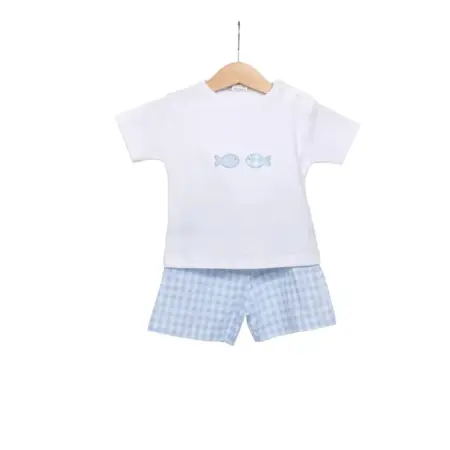 Living Nature - T-shirt en shortje Harry the fish wit vichy blauw