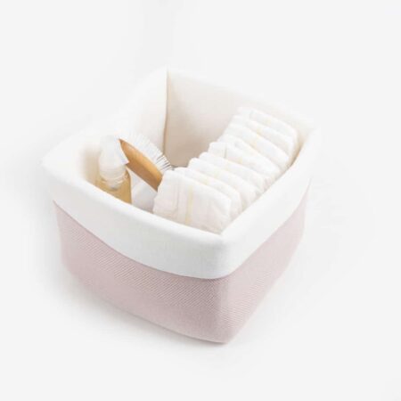 Maison Naline - Commodemandje onderkant herringbone roze / paspel tush roze op 1/3 / bovenkant en binnenkant angora ivoor (horizontale lijnen)