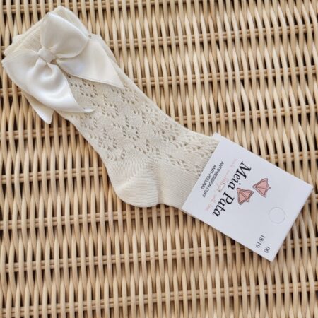 Meia Pata - Kniekousen Gehaakt Ecru Met Zijden Strik Op Zijkant