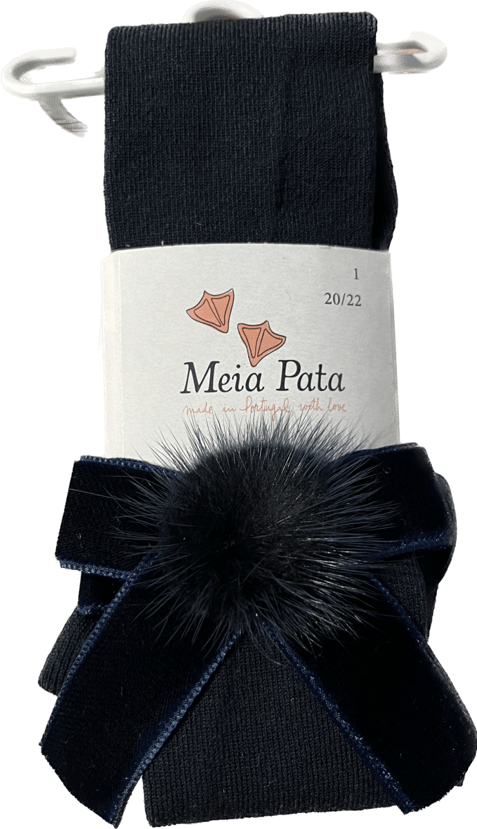 Meia Pata - Kousenbroek met Velvet strik en pompon - Donkerblauw
