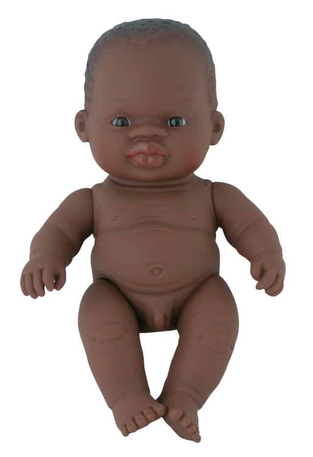 Miniland - BABYPOP AFRIKAANSE JONGEN 21cm, met vanillegeur, waterdicht, anatomisch correct, in vinyl, in geschenkdoos. Made in Spain, 10m+