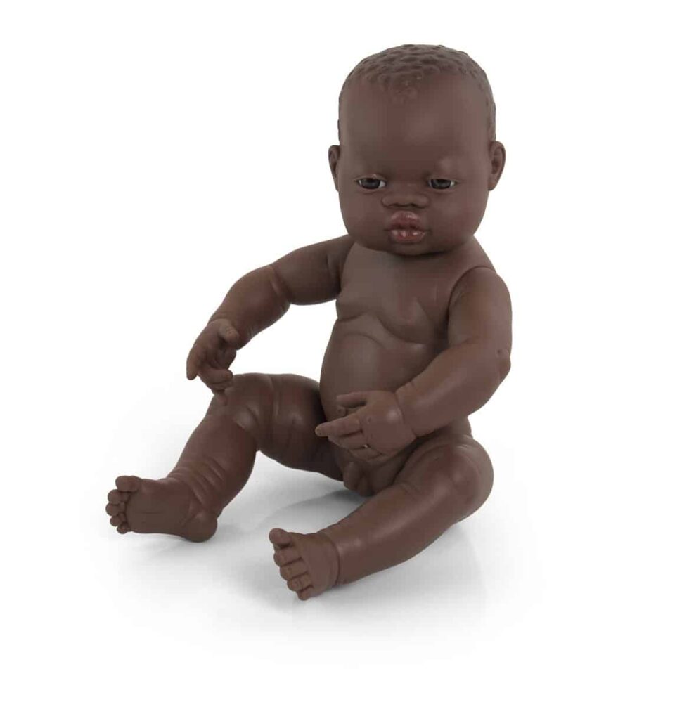 Miniland - BABYPOP AFRIKAANSE JONGEN 40cm, met vanillegeur, waterdicht, anatomisch correct, in vinyl. Made in Spain, 10m+