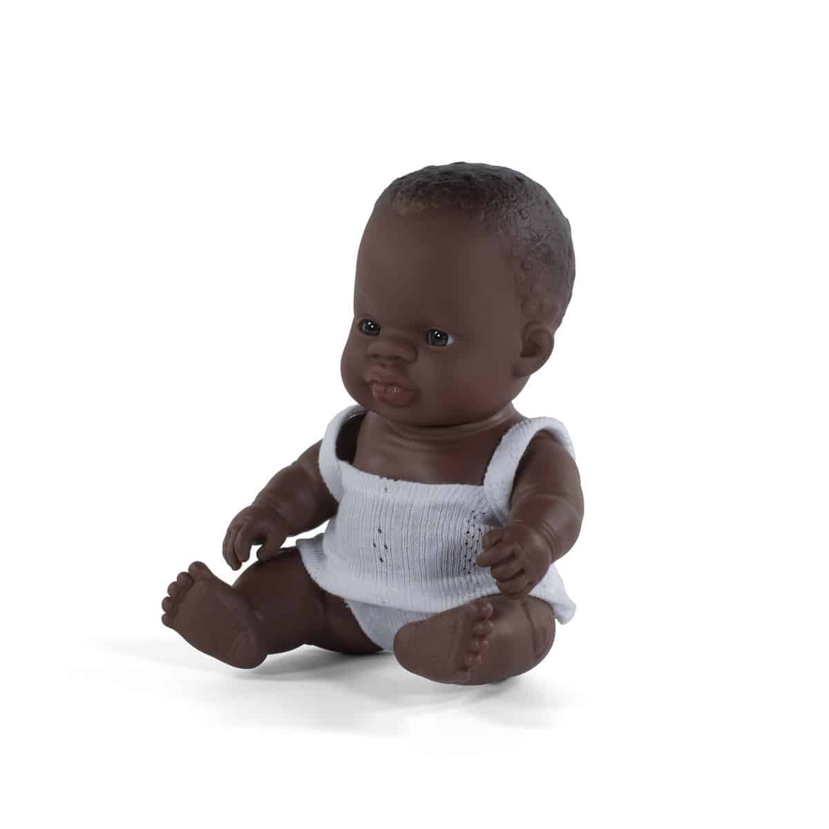 Miniland - BABYPOP AFRIKAANS MEISJE 21cm, met vanillegeur, waterdicht, anatomisch correct, in vinyl, in geschenkdoos. Made in Spain, 10m+