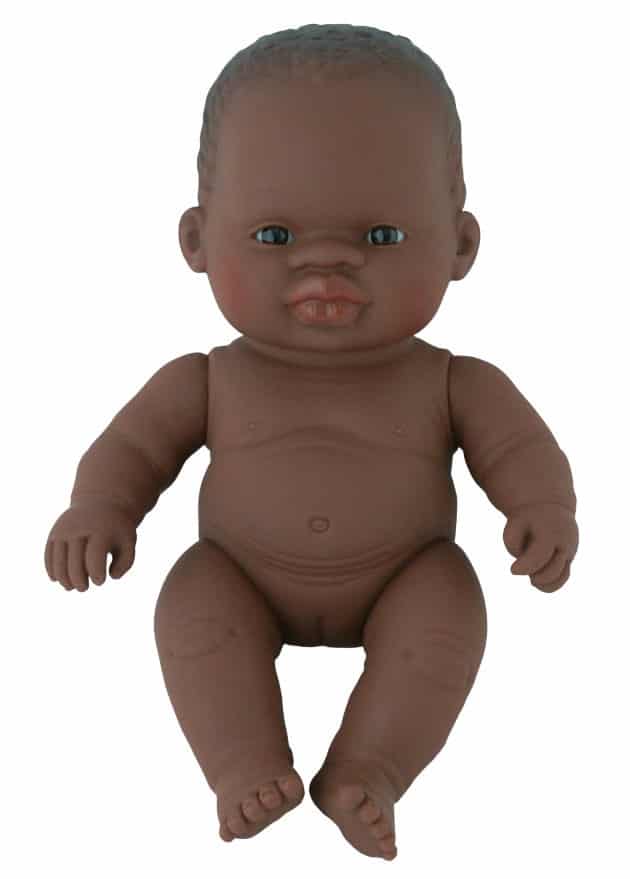 Miniland - BABYPOP AFRIKAANS MEISJE 21cm, met vanillegeur, waterdicht, anatomisch correct, in vinyl, in geschenkdoos. Made in Spain, 10m+