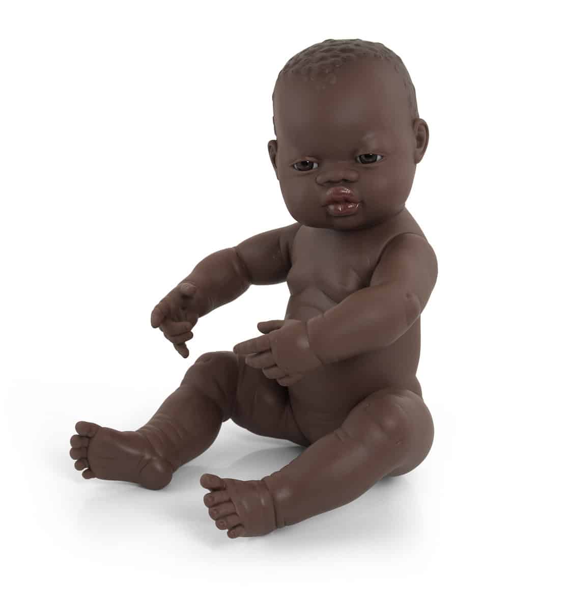 Miniland - BABYPOP AFRIKAANS MEISJE 40cm, met vanillegeur, waterdicht, anatomisch correct, in vinyl. Made in Spain, 10m+
