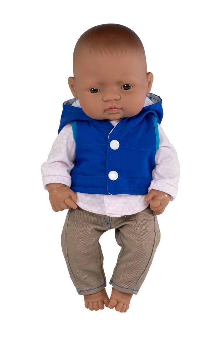Miniland - BABYPOP LATIJNS-AMERIKAANSE JONGEN met KLEERTJES 32cm, met vanillegeur, waterdicht, anatomisch correct, in vinyl. Made in Spain, 3+
