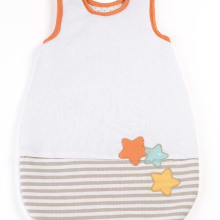 Miniland - BABYSLAAPZAK beige gestreept, voor de babypop 40cm, in plastic zakje met kleerhanger, 3+