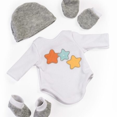 Miniland - BABYUITZET grijs, voor de babypop 40cm, in plastic zakje met kleerhanger, 3+