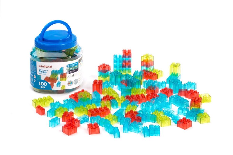 Miniland - BLOKKEN, 100 doorzichtige blokjes, geschikt voor lightpad, 3+