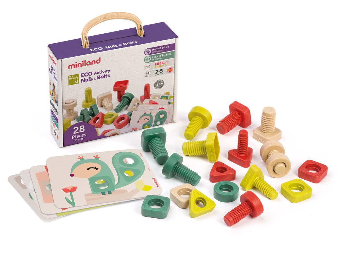 Miniland - BOUTEN en MOEREN 23x19x8cm, 24-delig, met 4 voorbeeldkaarten, 2+