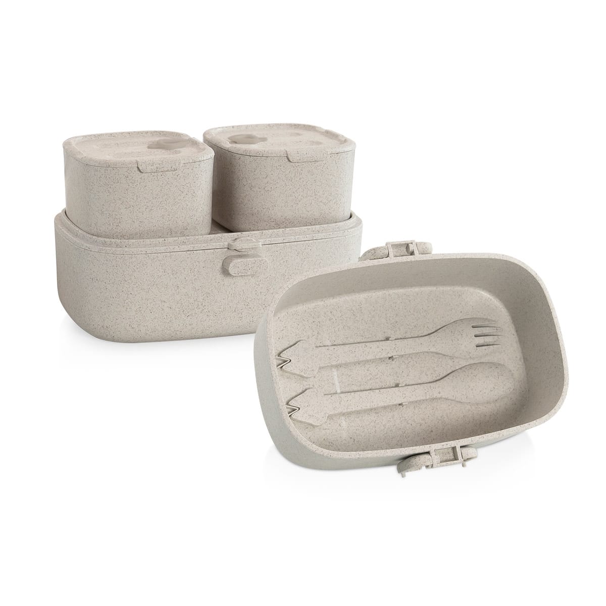 Miniland - EETSET on-the-go, met 3 potjes (500ml - 2x150ml), lepel en vork, ecofriendly collectie, mag in microgolfoven, vaatwasser en diepvries, BPA vrij