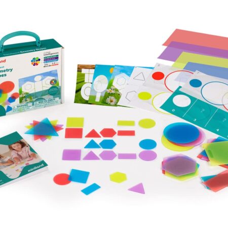 Miniland - GEOMETRIEVORMEN 8cm, doorzichtig, geschikt voor lightpad, 40 vormen en 12 transparante speelkaarten, 3+