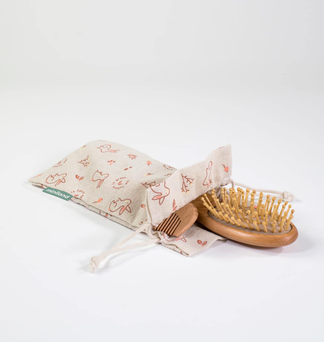 Miniland - HAARBORSTELSET KONIJN, 2 borstels en 1 kam in katoenen zakje, ecofriendly collectie