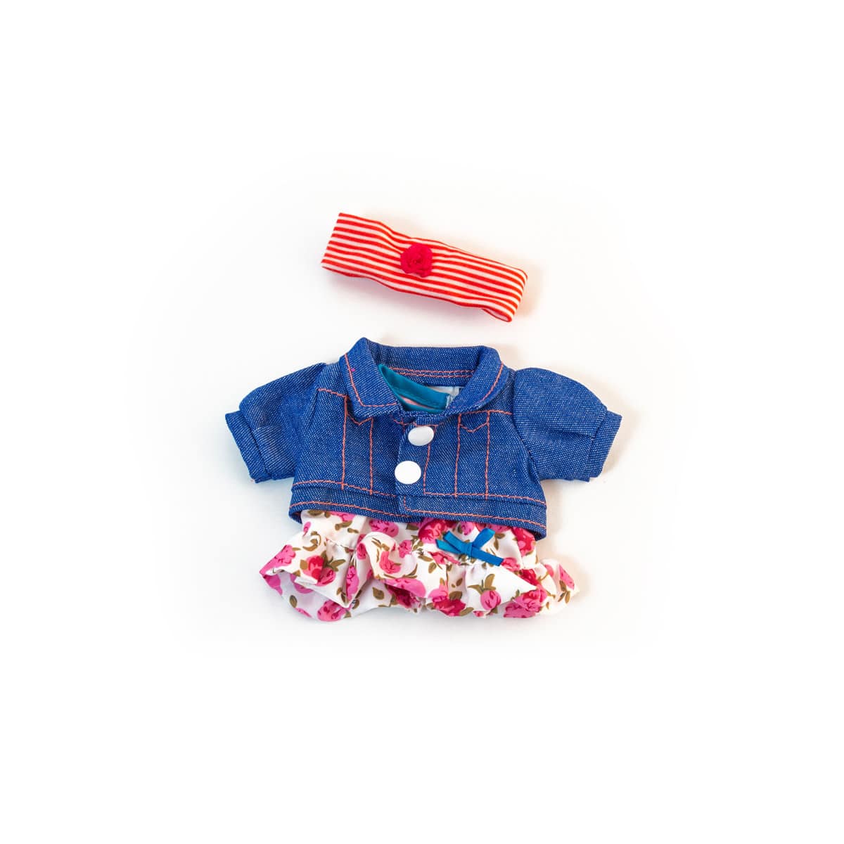 Miniland - KLEDIJ SET voor pop blauw/rood voor meisje 21cm, 3-delig, short, polo en haarlint, plastic zakje met kleerhanger, 3+