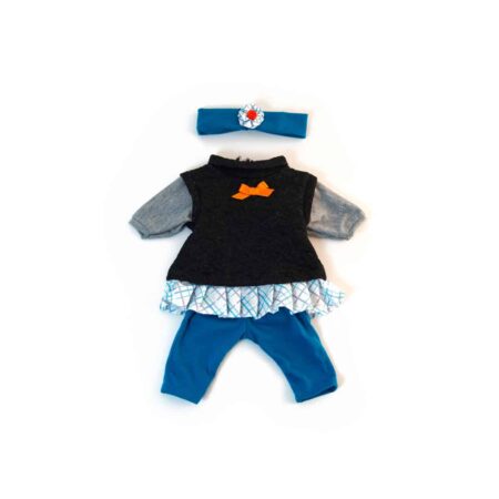 Miniland - KLEDIJ SET voor pop grijs voor meisje 38-40cm, 3-delig, broek, kleed, en haarlint, in plastic zakje met kleerhanger, 3+