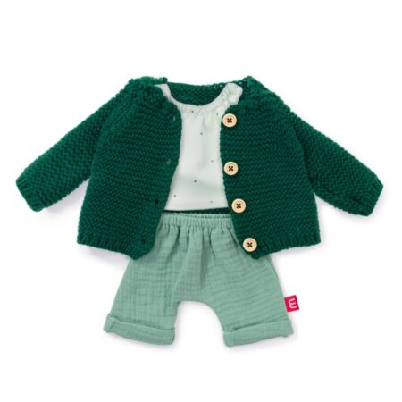 Miniland - KLEDIJ SET voor pop groen voor jongen 38cm, 3-delig, vest, t-shirt en broek, met kleerhanger, 3+