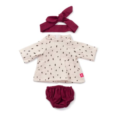 Miniland - KLEDIJ SET voor pop wit/bordeau voor meisje 38cm, 3-delig, kleedje, broekje en haarlint, met kleerhanger, 3+