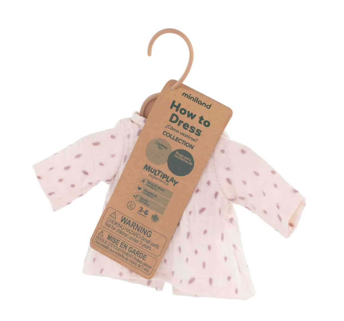 Miniland - KLEDIJ SET voor pop wit/bordeau voor meisje 38cm, 3-delig, kleedje, broekje en haarlint, met kleerhanger, 3+