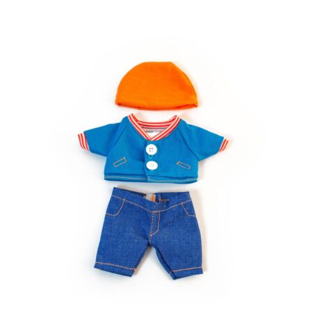 Miniland - KLEDIJ SET voor pop blauw voor jongen 21cm, 3-delig, trui, broek en muts, plastic zakje met kleerhanger, 3+