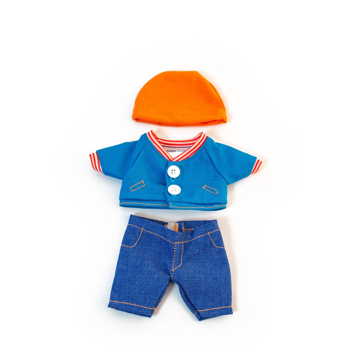 Miniland - KLEDIJ SET voor pop blauw voor jongen 21cm, 3-delig, trui, broek en muts, plastic zakje met kleerhanger, 3+