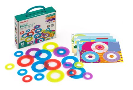 Miniland - MATH COLOR RINGS diam.9cm, doorzichtig, geschikt voor lightpad, 16 ringen en 4 speelkaarten, 2+