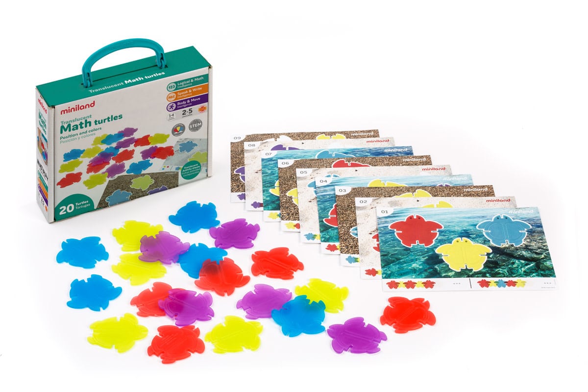 Miniland - MATH TURTLES 7cm, doorzichtig, geschikt voor lightpad, 20 schildpadden en 9 transparante speelkaarten, 2+