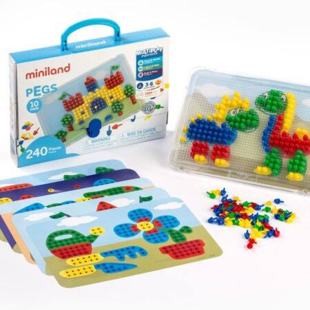 Miniland - MOZAIEK Pegs 10mm, met bord + 6 werkbladen + 240 nageltjes, in doos met handvat. Made in Spain, 3+