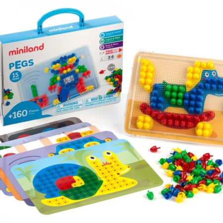 Miniland - MOZAIEK Pegs 15mm, met bord + 6 werkbladen + 160 nageltjes, in doos met handvat. Made in Spain, 3+