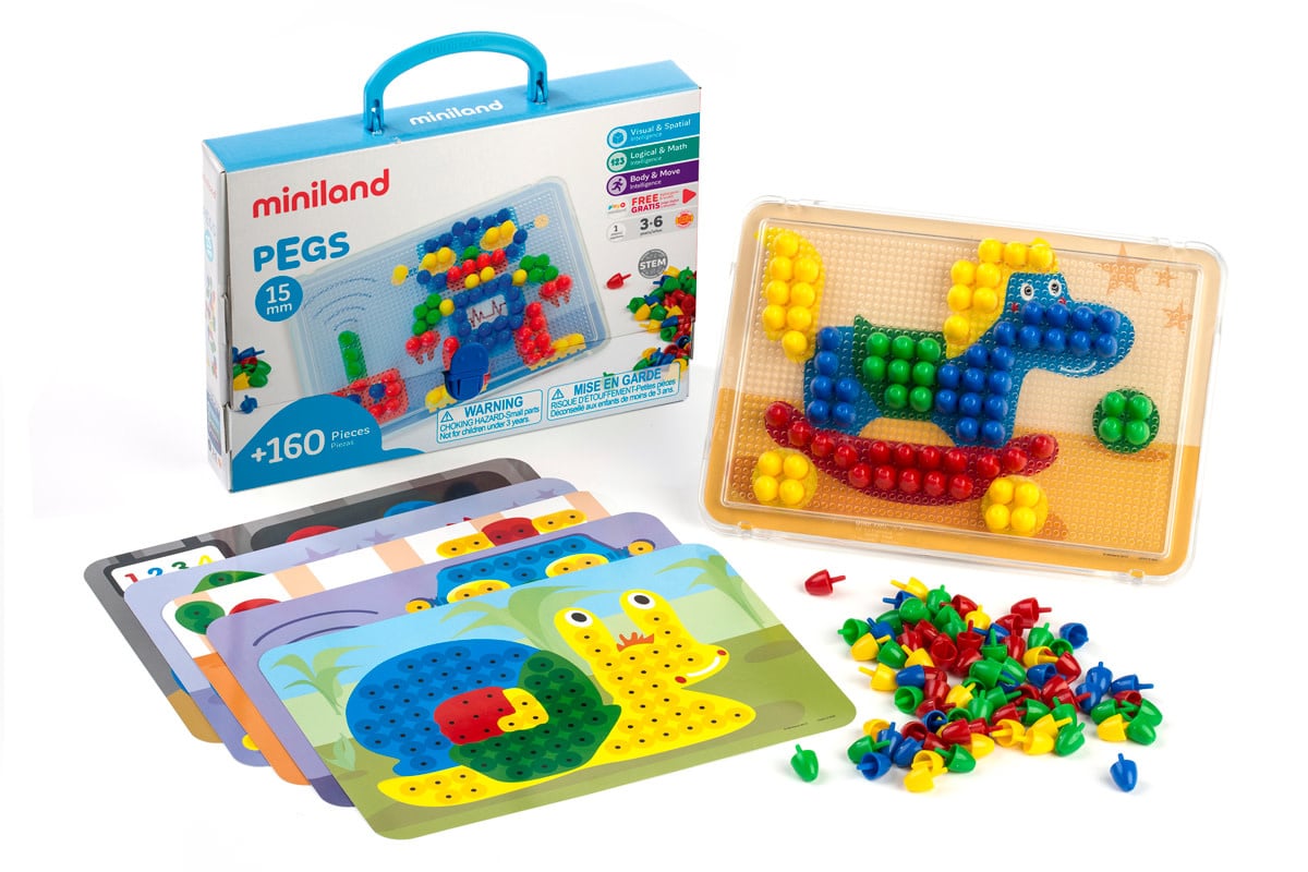 Miniland - MOZAIEK Pegs 15mm, met bord + 6 werkbladen + 160 nageltjes, in doos met handvat. Made in Spain, 3+