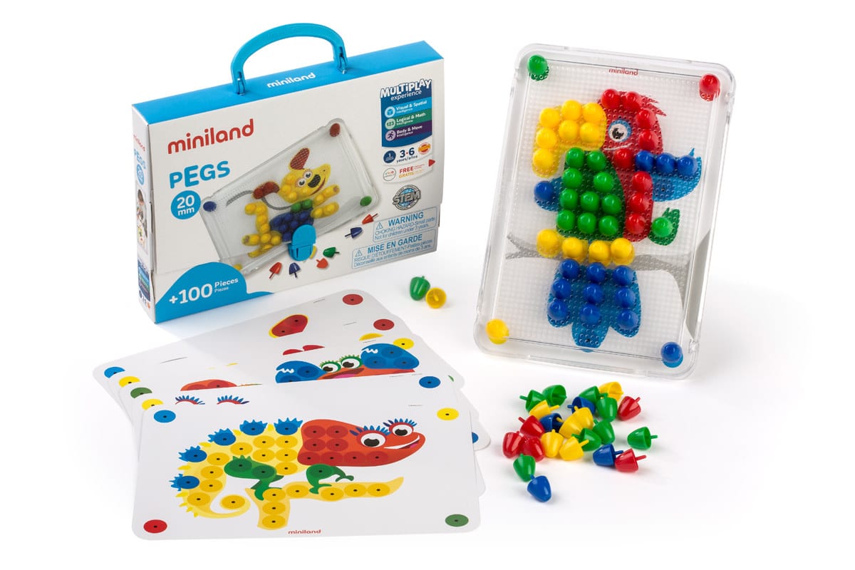 Miniland - MOZAIEK Pegs 20mm, bord + 6 werkkaarten + 100 nagels, in doos met handvat. Made in Spain, 3+