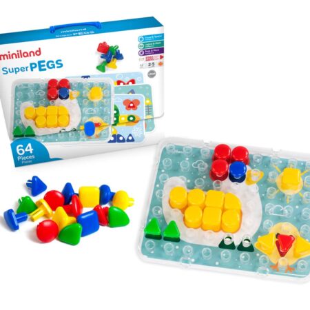 Miniland - MOZAIEK Superpegs 38x30cm, 64 supernagels + bord + 4 werkkaarten, in doos. Made in Spain, 2+